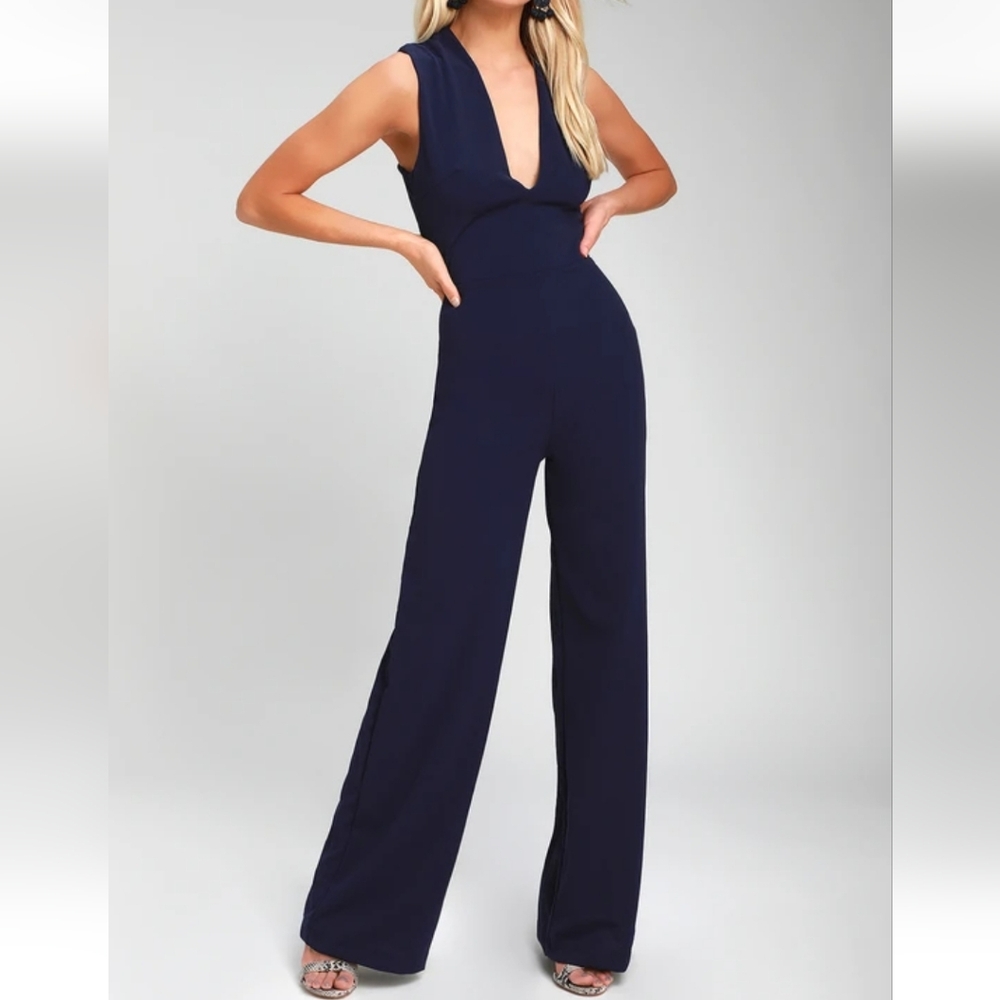 Lulu's Thinking Out Loud Navy Blue Jumpsuit Small Classic Open Back Sexy Boho
